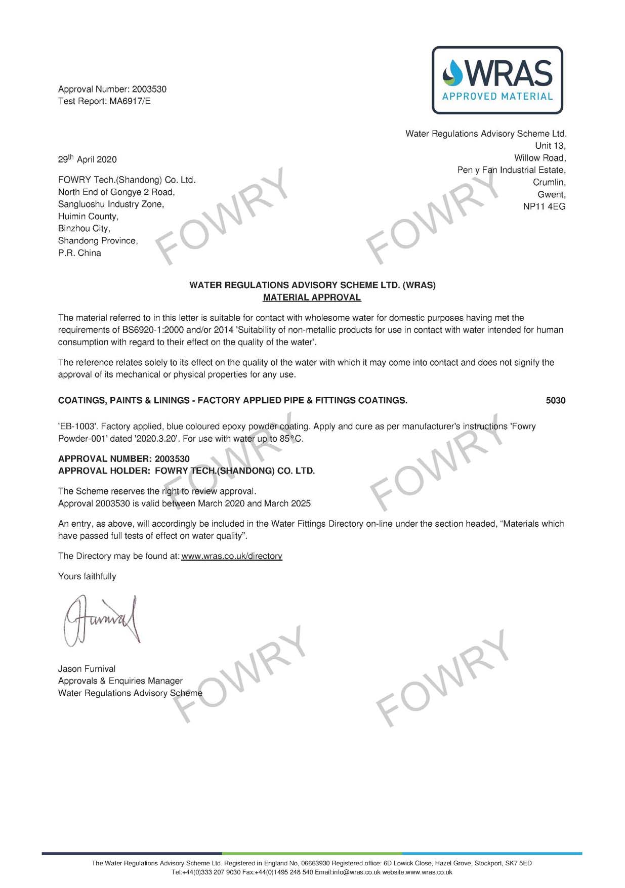 FOWRY WRAS Certificate of Coating used for hot water